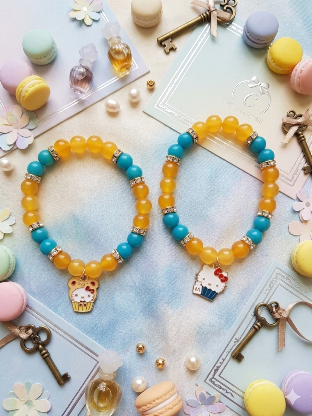Yellow & Turquoise Beaded Charm Bracelet Set - Cute Cupcake Charms